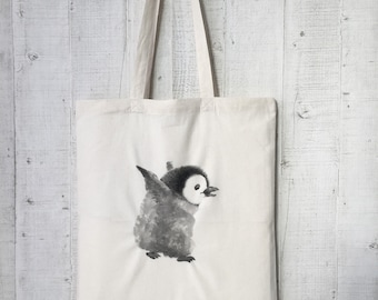 Fabric bag with hand-painted penguin design, jute bag, tote bag, baby penguins bag, cute and environmentally friendly