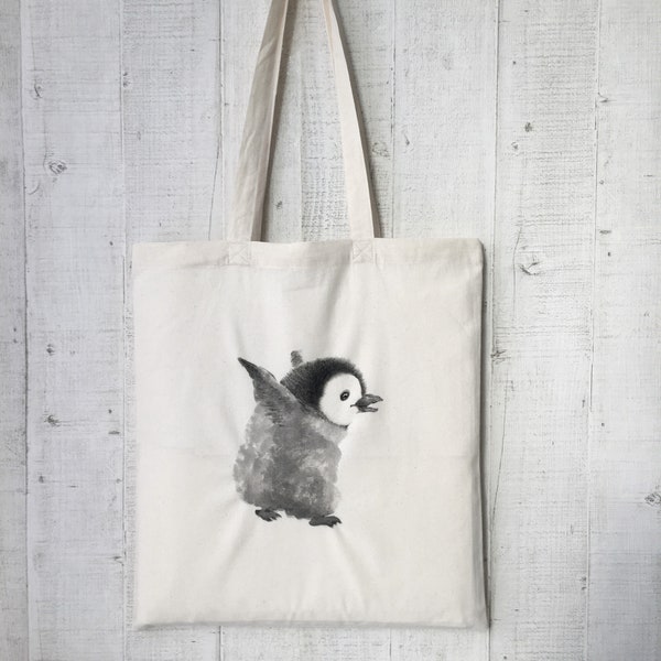 Freizeittasche, Stofftasche Baumwolle, Jutebeutel, bemalte Penguin, Baby Pinguine, Jutetasche