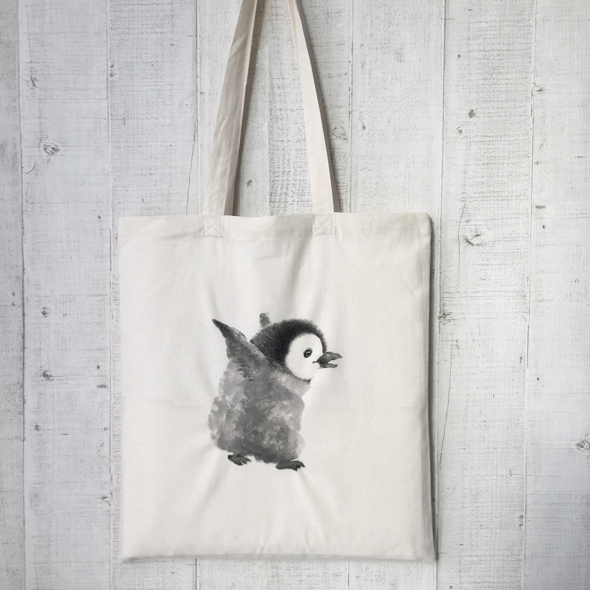 Fabric bag with hand-painted penguin design, jute bag, tote bag, baby penguins bag, cute and environmentally friendly