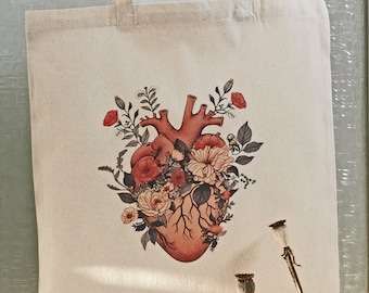 Jute bag, anatomy heart flowers, cotton fabric bag, jute bag, tote bag Heart Floral