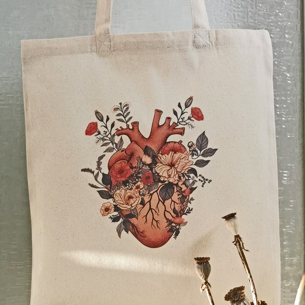 Jutebeutel, Anatomie Herz Blumen, Baumwolle Stofftasche, Jutebag Jutetasche, Tote bag Heart Floral