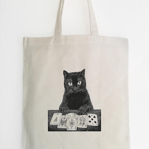Chat noir avec cartes de tarot - sac en tissu mystique, sac en jute coton, tote bag chat noir, sac à cartes chat et tarot, impression linogravure