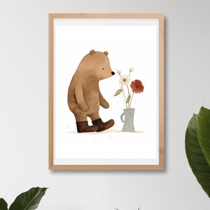 Impresión de arte acuarela oso bebé | osito con flores | Murales A4 | cartel del oso bebé | habitación infantil con arte del oso pardo