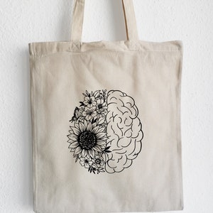 Jute bag, anatomy flowers brain, anatomy, cotton fabric bag, mental health jute bag