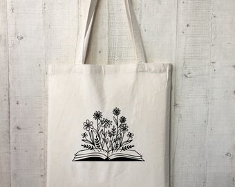 Sac en jute, sac en jute en coton, amateur de livres, littérature, fleur, livre floral, sac en jute bibliothèque