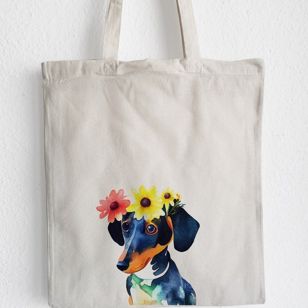 Jutebeutel, Jutebag, Tote Bag, Dachshund Mama,  baby Dachshund, Dackel mit Blumenkrone