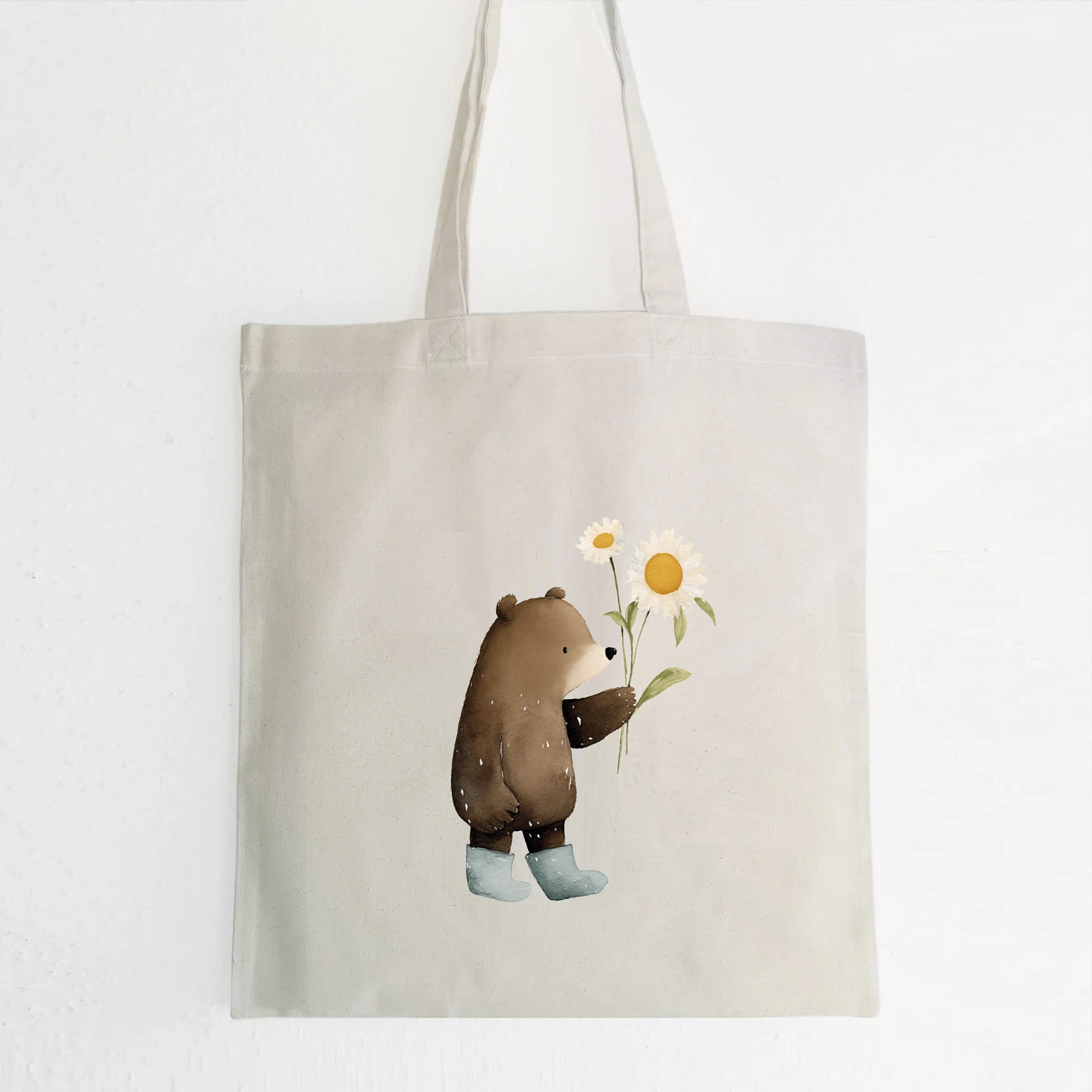 Baby Bear With Flowers Jute Bag, Bear Love Cotton Fabric Bag, Cute