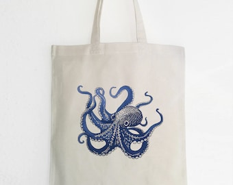 Blue Octopus jute bag, octopus, squid, fabric bag, cotton jute bag, Octopus bag, Linocut Art Print