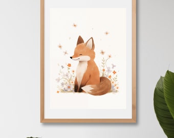 Kunstdruck Aquarelle Fuchs | baby Rotfuchs Blumen | A4 Wandbild | Fuchs Poster | Fuchs Kunst Kindzimmer