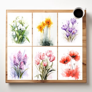 Lot de 6 cartes d'art aquarelles de fleurs de printemps | Perce-neige, jonquilles, crocus, jacinthes, tulipes, coquelicots