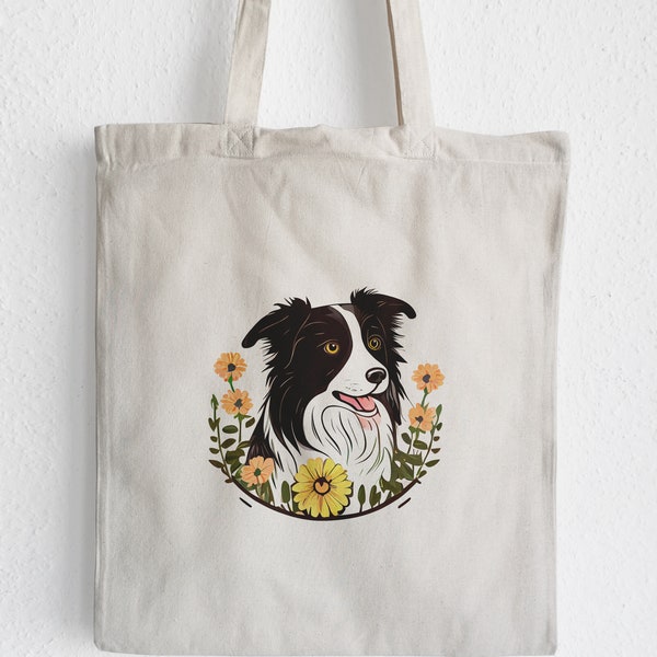 Jutebeutel, Jutebag, Tote Bag, Border Collie Mama,  Border Collie Dog, Border Collie und Blumen