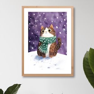 Winterkatze mit grünem Schal Aquarell Kunstdruck |  minimalist Watercolor Painting bkh tiger kitten | Getigerte katze Poster Postkarte