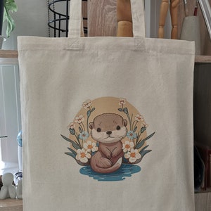 Sac en jute, sac en jute, tote bag, maman loutre, cadeau loutre, loutre à fleurs, loutre kawaii