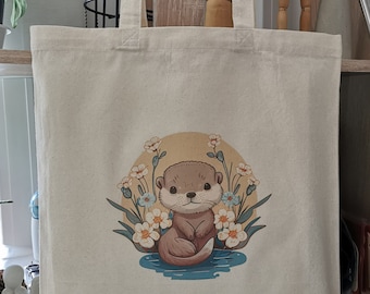 Bolsa de yute, bolsa de yute, bolso de mano, mamá nutria, regalo de nutria, nutria con flores, nutria kawaii