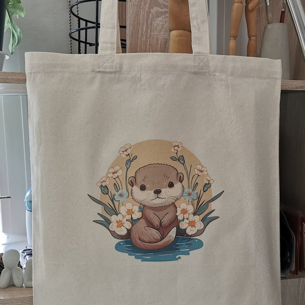 Bolsa de yute, bolsa de yute, bolso de mano, mamá nutria, regalo de nutria, nutria con flores, nutria kawaii