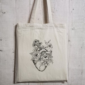 Jute bag, heart flowers, anatomy, cotton fabric bag, jute bag