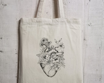 Jute bag, heart flowers, anatomy, hand-painted fabric bag with anatomical heart design, unique work of art