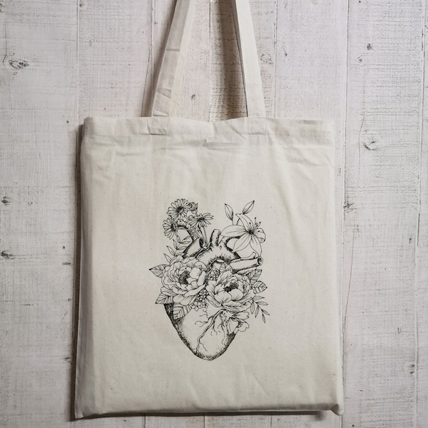 Jutebeutel,Herz Blumen, Anatomie, Baumwolle Stofftasche, Jutebag