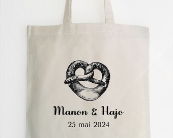 Bolsa de tela personalizada, bolsa de yute, bolso de mano, corazón de amor, pretzel y idea de regalo con texto deseado