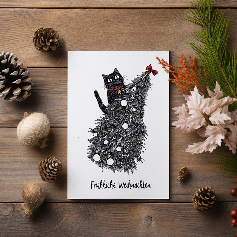 Art Print Postcard Christmas Cat Christmas Tree Merry Christmas A6