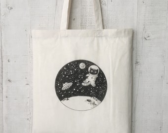 Shopping bag, cotton fabric bag, jute bag, jute bag, printed cat, cat, astronaut