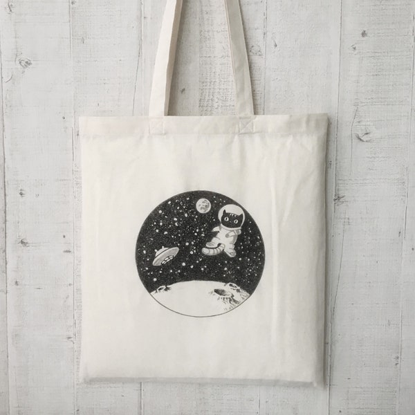 Einkaufstasche, Stofftasche Baumwolle, Jutebeutel, Jutebag, bedruckte Katze, Cat, Astronaut