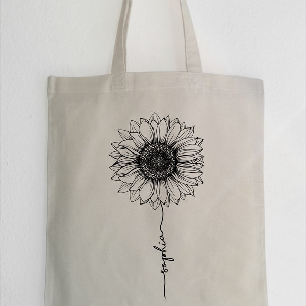 Personalisierter Jutebeutel, Tote Bag, Sonnenblume, Wunschtext oder Name Geschenkidee