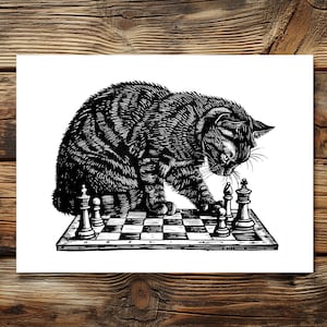 Art Print Linocut Carte postale Chats Échecs | Jeux d'échecs Chat | Carte postale A6 | Amoureux des chats | Jeu d'échecs Chat Noir