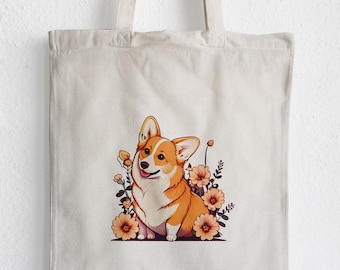 Jutebeutel, Jutebag, Tote Bag, Corgi Mama, Corgi Dog, Corgi  und Blumen, Jutetasche Tierliebe