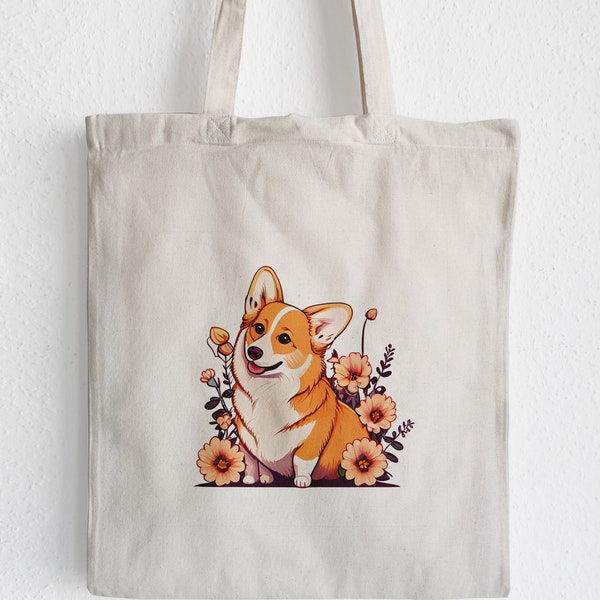 Jutebeutel, Jutebag, Tote Bag, Corgi Mama, Corgi Dog, Corgi  und Blumen, Jutetasche Tierliebe