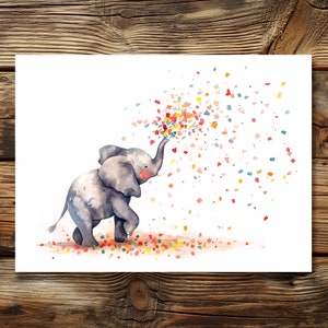 Kunstdruck Watercolor Postkarte Elefant Konfetti | Elefant Postkarte | A6 Postkarte | Liebevolle Elefant Kinder Geburtstag
