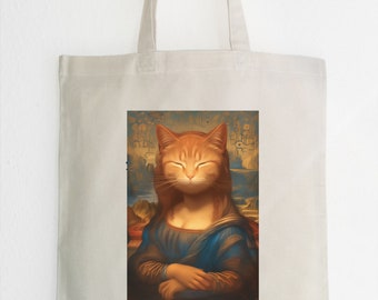 Mona Lisa kat jute tas, kattenportret jute tas, dierenprint, Leonardo Da Vinci, jute tas, draagtas, kunsttas