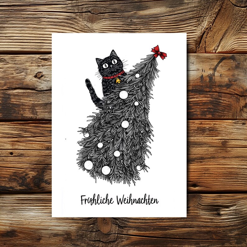 Art Print Postcard Christmas Cat Christmas Tree Merry Christmas A6