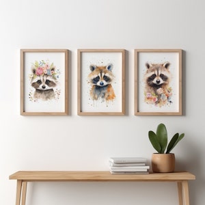 Kunstdruck Aquarelle Waschbär | Waschbär Blumen | A4 Wandbild | Waschbären Poster | Waschbären Kunst Kindzimmer