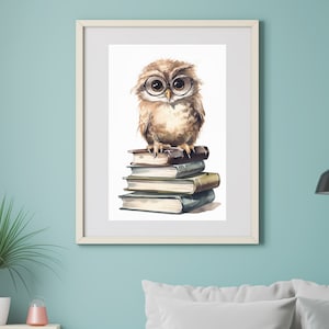 Impresión de arte búho acuarela | Libros de búhos | Murales A4 | Cartel del búho | Habitación infantil con arte de búho.