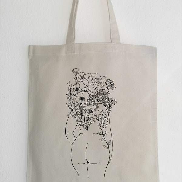 Jute bag, Curvy Woman Flowers, Women Flower Line Art, cotton fabric bag, tote bag