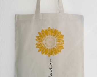 Personalisierter Jutebeutel, Tote Bag, Sonnenblume, Wunschtext oder Name Geschenkidee