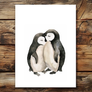 Pinguini da cartolina ad acquerello con stampa artistica | Biglietto d'amore con i pinguini | Regalo pinguini | Biglietto di San Valentino per partner | Ti amo