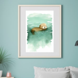Nutria de acuarela de impresión de arte ? nutria bebé nadando | Murales A4 | Cartel de nutrias | Habitación infantil con arte de nutria.