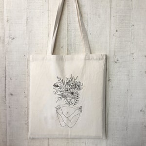 Jutebeutel,Frau Blumen, Women Flower Line Art, Baumwolle Stofftasche, Tote bag