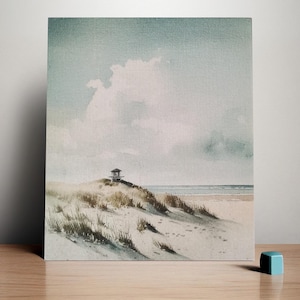 Maritime Wandkunst – Aquarell Dünenlandschaft auf Malpappe – Strandbild mit Leuchtturm – Nordsee & Ostsee Küsten-Deko für Zuhause