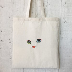 Sac de courses, sacs en tissu coton, sacs en jute, chat peint , Cat EYE, Coeur