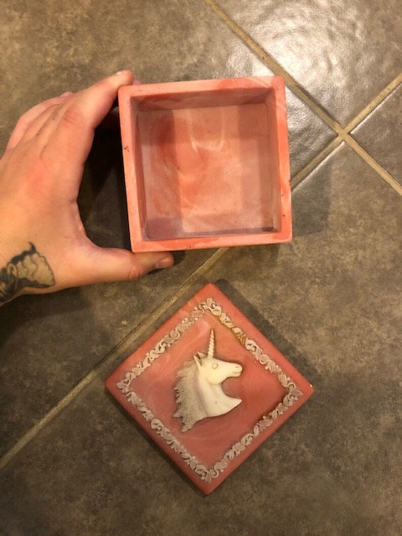 Vintage Ceramic Pink And White Marble Unicorn Square Jewelry Box Fairy Kei