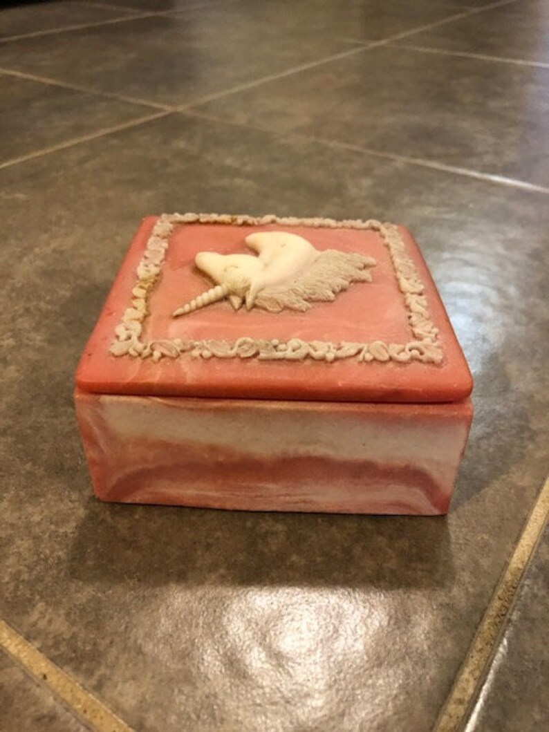 Vintage Ceramic Pink And White Marble Unicorn Square Jewelry Box Fairy Kei