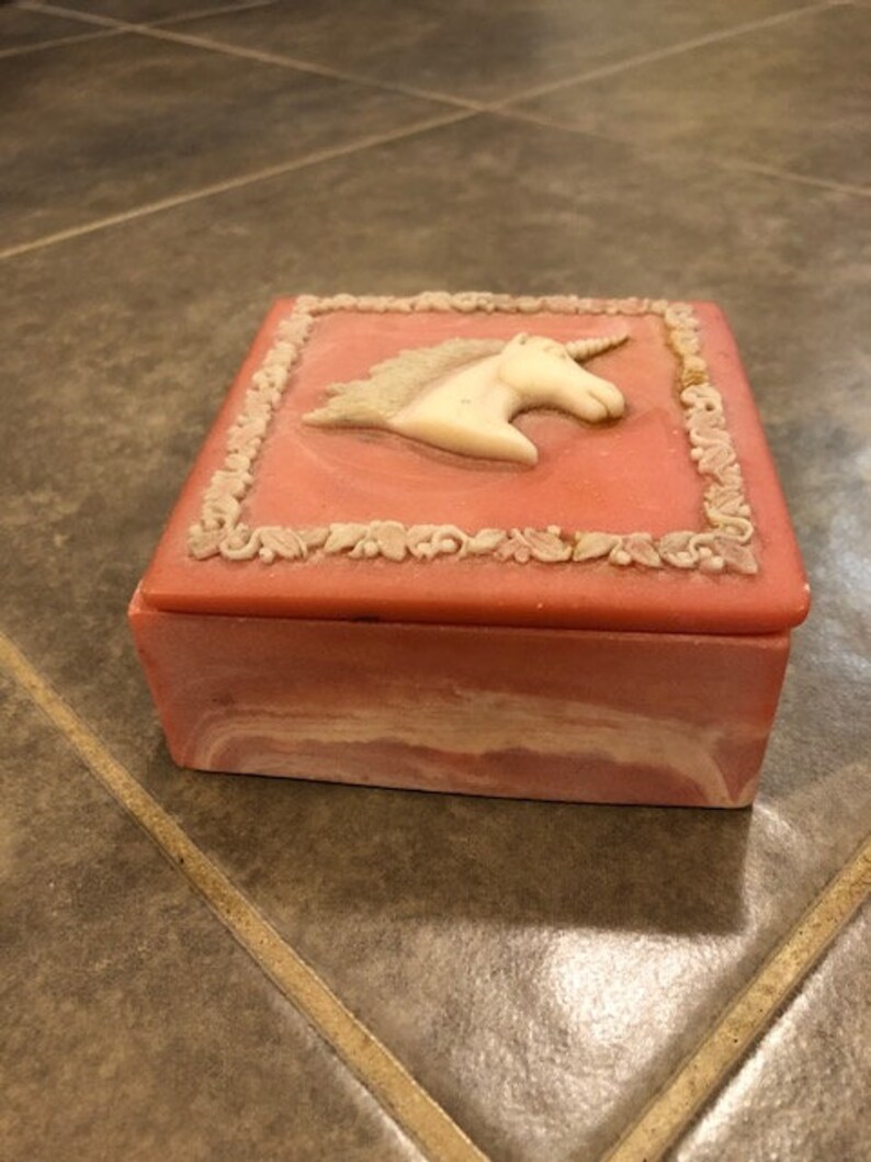 Vintage Ceramic Pink And White Marble Unicorn Square Jewelry Box Fairy Kei