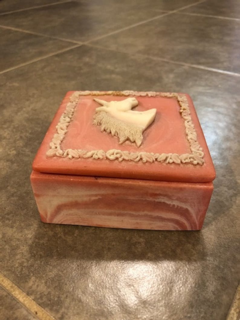 Vintage Ceramic Pink And White Marble Unicorn Square Jewelry Box Fairy Kei