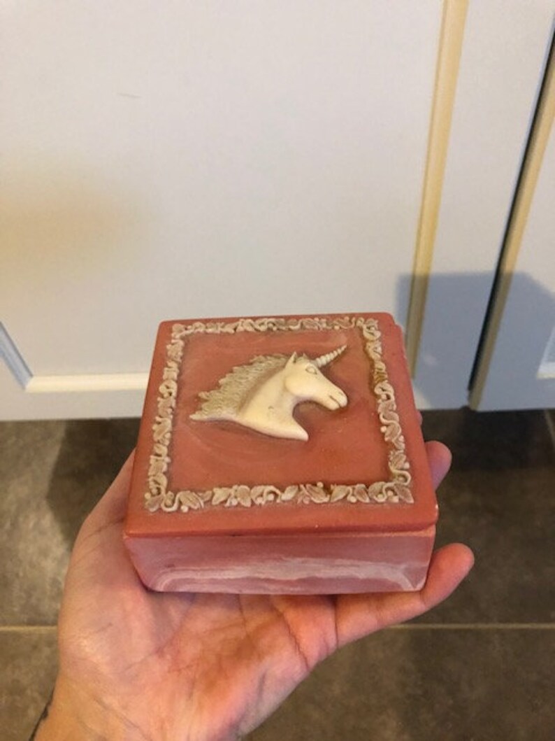 Vintage Ceramic Pink And White Marble Unicorn Square Jewelry Box Fairy Kei