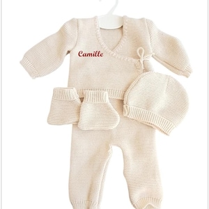 Personalized wool birth bra set, pants, hat and 3 month booties