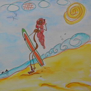 Surfing' Girl Nr. 33, Mädchen Malerei auf 200gr. Papier mit ausgefransten Kanten, 27cmx20cm