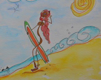 Surfing' Girl n°33, peinture fille sur 200gr. Papier aux bords effilochés, 27cmx20cm